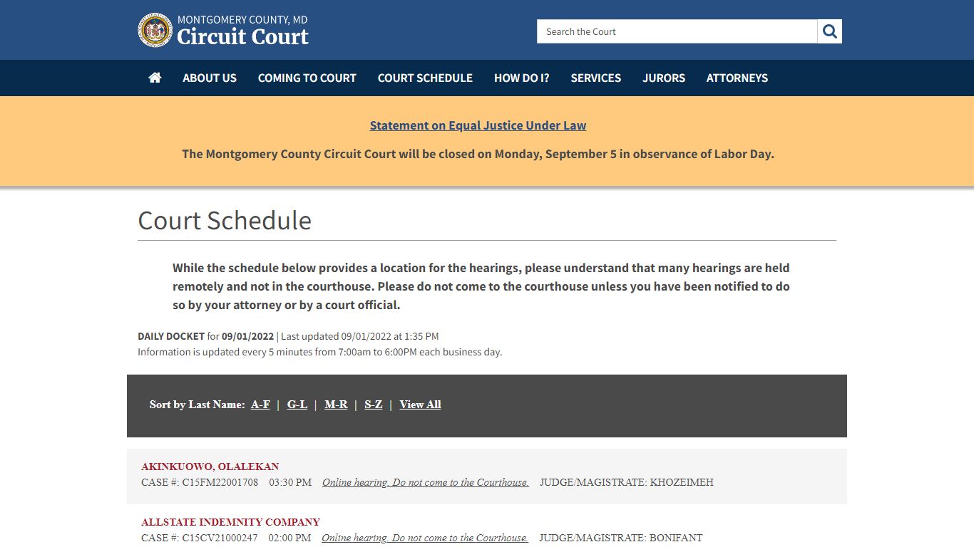 Court Schedule - Montgomery County, MD Circuit Court